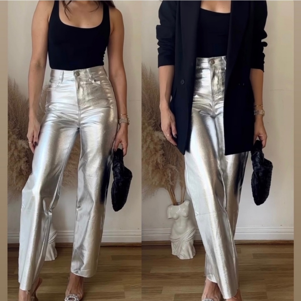 Zara Metallic High Rise Straight Cut Jeans - Picture 13 of 15
